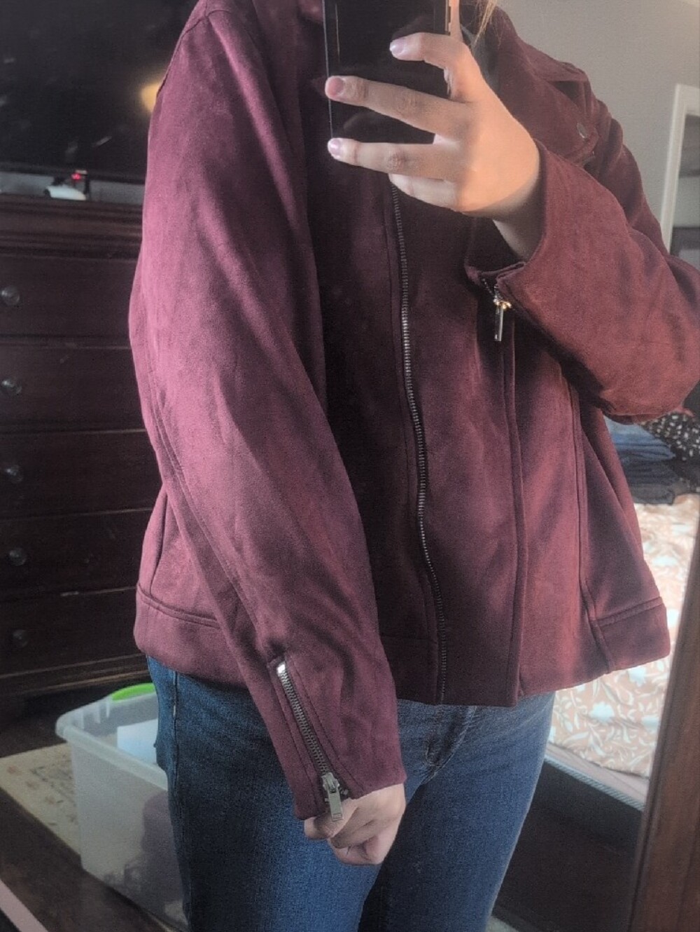 Womens Burgundy Faux Suede Moto Jacket - Picture 4 of 6